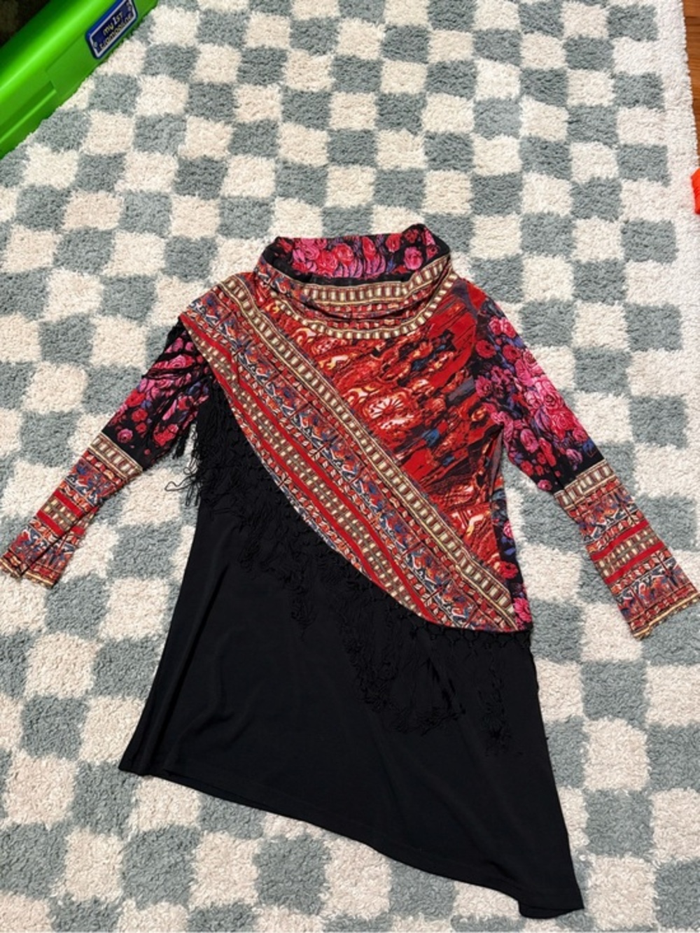 Calessa Tunic Top Poncho Tassels Womens Large Black Whimsigoth Dark Floral Boho